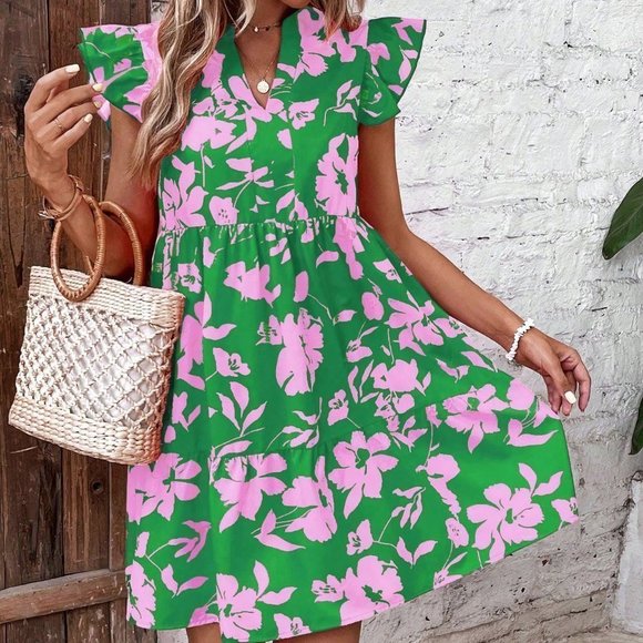 Green Boho Womens Floral Print Butterfly Sleeve Ruffle Hem Smock Dress - Picture 4 of 5